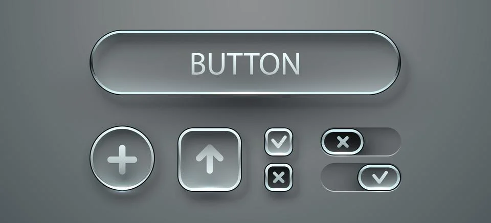 Modern glass button ui set. Modern liquid glass button set. Switch, toggle 스톡 일러스트