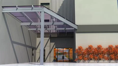 Modern Glass Canopy Front Perspective 3D Render with Steel Frame Structure Illustrazione stock