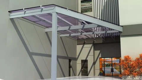Modern Glass Canopy Left Perspective 3D Render with Steel Frame Design Stock Illustration