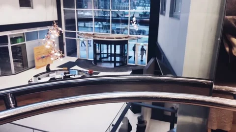 Modern glass elevator inside contemporary corporate office building Stock Footage 225722632