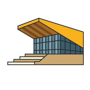 Modern glass pavilion with angular yellow roof and wide steps. Illustration.. 스톡 일러스트