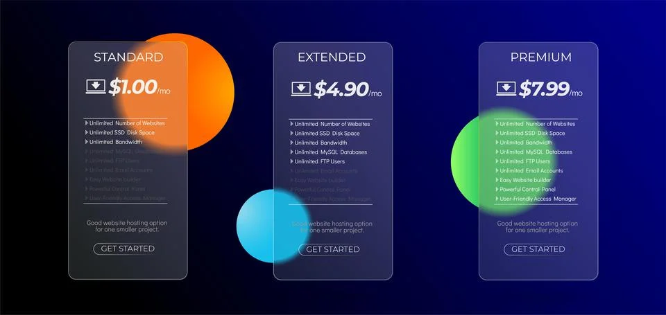 Modern glass subscription plan table with trendy morphism effect. Web hosting 스톡 일러스트