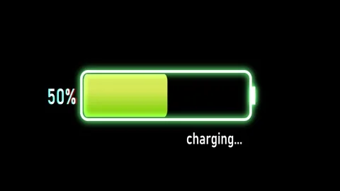 Modern glowing 3D hologram of battery icon overlay with charging percentage Stock Footage 331283632