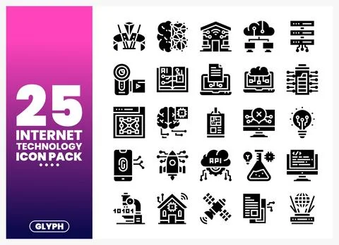 Modern glyph internet technology icons in a clean black and white design on.. Stock Illustration