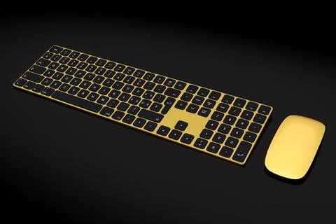Modern gold aluminum computer keyboard and mouse isolated on black background. Stock Illustration
