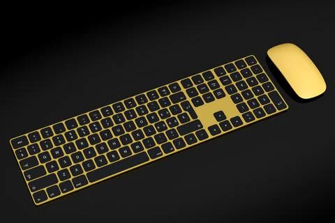 Modern gold aluminum computer keyboard and mouse isolated on black background Stock Illustration