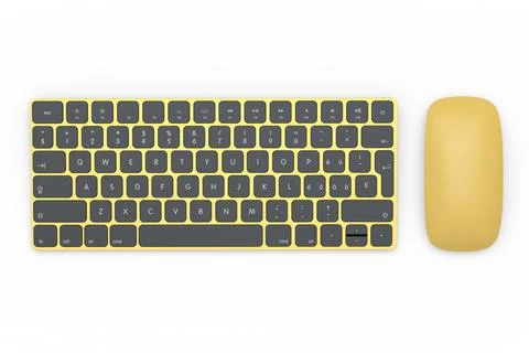 Modern gold aluminum computer keyboard and mouse isolated on white background. Stock Illustration