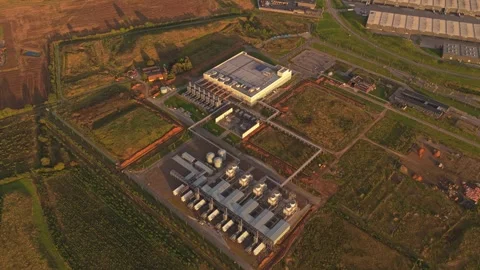 Modern Google computing center in sunset light, aerial view Stock Footage 318620290