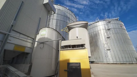 Modern Granary elevator. Silver silos on agro-processing Stock Footage 150897069