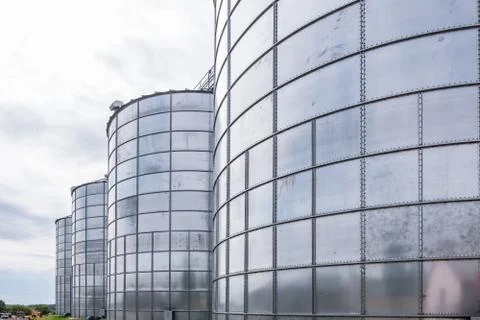 Modern Granary elevator. Silver silos on agro-processing and manufacturing pl Foto stock