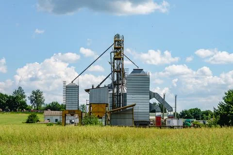 Modern Granary elevator. Silver silos on agro-processing and manufacturing pl Foto stock