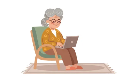 Modern Granny: Senior Woman Using Laptop at Home - 2D Flat Animation Stock Footage 344680783