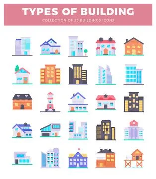 Modern graphic building icons in flat design style. Ilustración de archivo