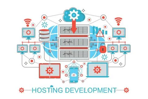 Modern graphic flat line design style infographics concept of Hosting Stock Illustration
