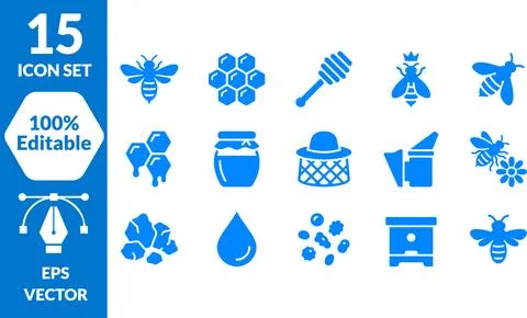 Modern graphic vector icon set featuring bees, honey, and beekeeping elemen.. Illustrazione stock
