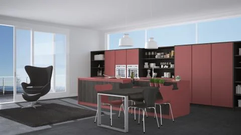 Modern gray and red kitchen with wooden details, big window with sea or lake  Stock Illustration