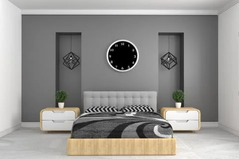 Modern gray bedroom interior with clock lamp and plants on cabinets. Frontal  Stock Illustration