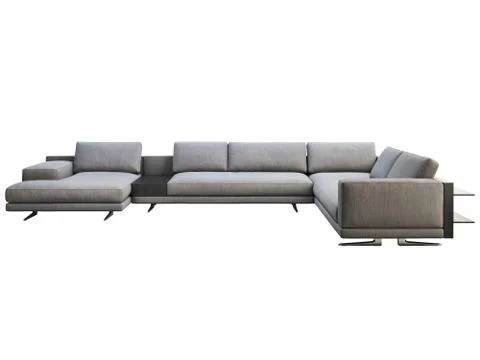 Modern gray fabric corner sofa with coffee table and bookshelf. 3d render Stock Illustration