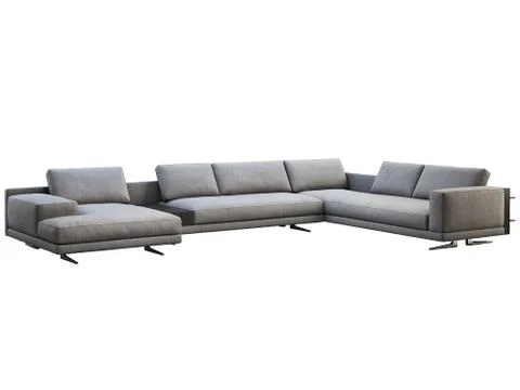 Modern gray fabric corner sofa with coffee table and bookshelf. 3d render Stock Illustration