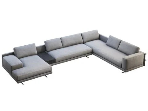 Modern gray fabric corner sofa with coffee table and bookshelf. 3d render Stock Illustration