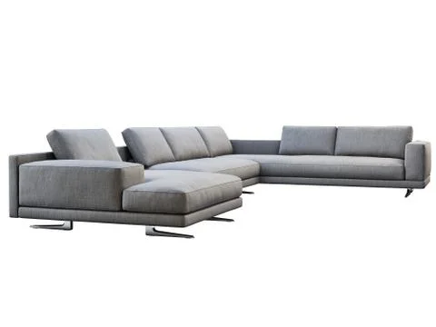 Modern gray fabric corner sofa with coffee table and bookshelf. 3d render Stock Illustration