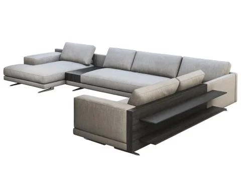 Modern gray fabric corner sofa with coffee table and bookshelf. 3d render Stock Illustration