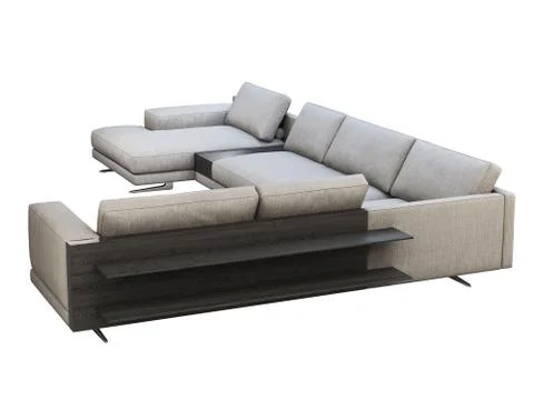 Modern gray fabric corner sofa with coffee table and bookshelf. 3d render Stock Illustration
