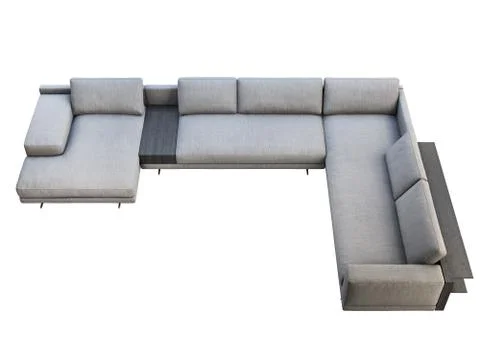 Modern gray fabric corner sofa with coffee table and bookshelf. 3d render Stock Illustration