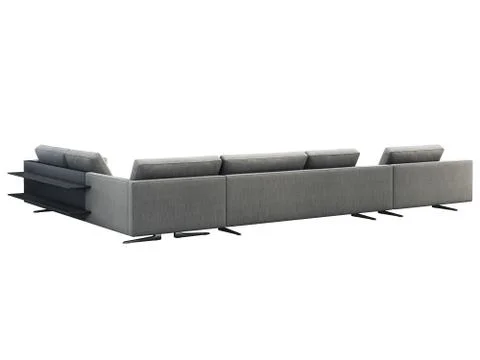 Modern gray fabric corner sofa with coffee table and bookshelf. 3d render Stock Illustration