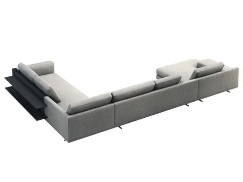 Modern gray fabric corner sofa with coffee table and bookshelf. 3d render Stock Illustration