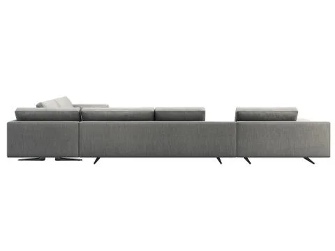 Modern gray fabric corner sofa with coffee table and bookshelf. 3d render Stock Illustration