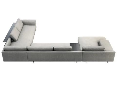 Modern gray fabric corner sofa with coffee table and bookshelf. 3d render Stock Illustration
