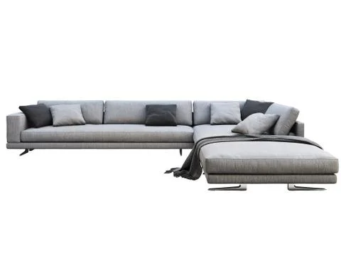 Modern gray fabric corner sofa with pillows and knitted plaid. 3d render Stock Illustration