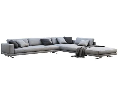 Modern gray fabric corner sofa with pillows and knitted plaid. 3d render Stock Illustration