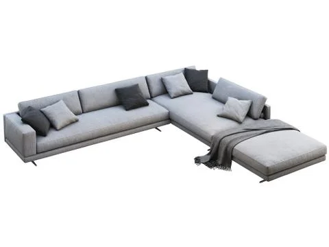 Modern gray fabric corner sofa with pillows and knitted plaid. 3d render Stock Illustration