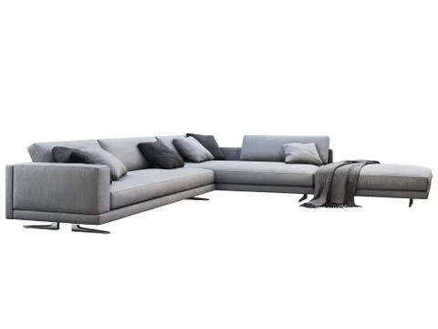 Modern gray fabric corner sofa with pillows and knitted plaid. 3d render Stock Illustration