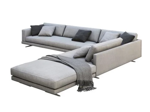 Modern gray fabric corner sofa with pillows and knitted plaid. 3d render Stock Illustration