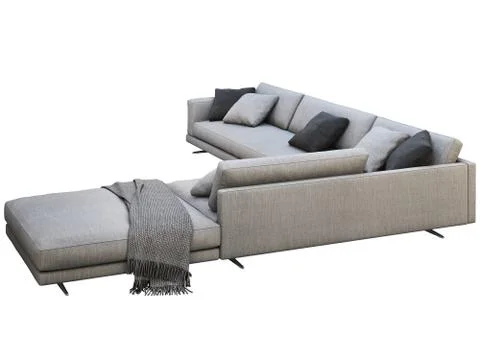 Modern gray fabric corner sofa with pillows and knitted plaid. 3d render Stock Illustration