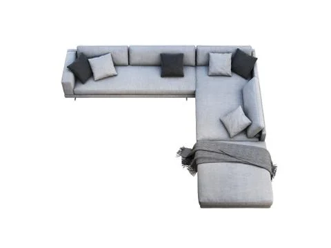 Modern gray fabric corner sofa with pillows and knitted plaid. 3d render Stock Illustration