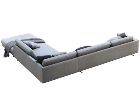 Modern gray fabric corner sofa with pillows and knitted plaid. 3d render Stock Illustration