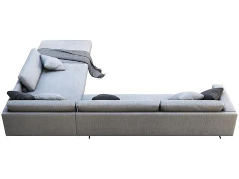 Modern gray fabric corner sofa with pillows and knitted plaid. 3d render Stock Illustration