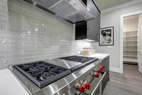 Modern gray kitchen features dark gray flat front cabinets Stock Photos