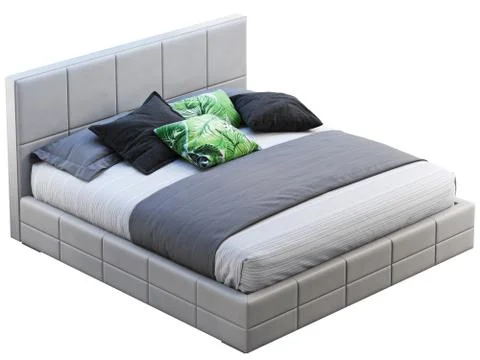Modern gray leather frame double platform bed with bed linen and accent pillo Stock Illustration