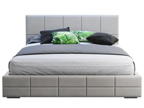 Modern gray leather frame double platform bed with bed linen and accent pillo Stock Illustration