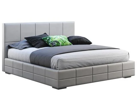 Modern gray leather frame double platform bed with bed linen and accent pillo Stock Illustration
