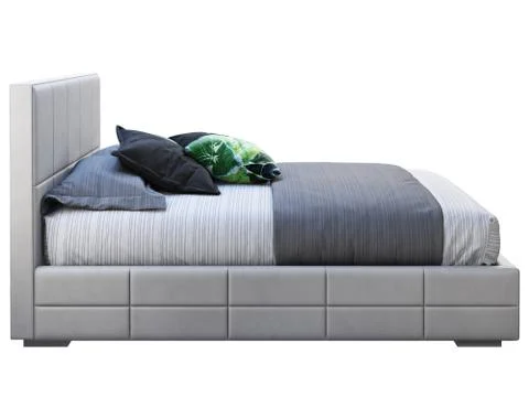 Modern gray leather frame double platform bed with bed linen and accent pillo Stock Illustration