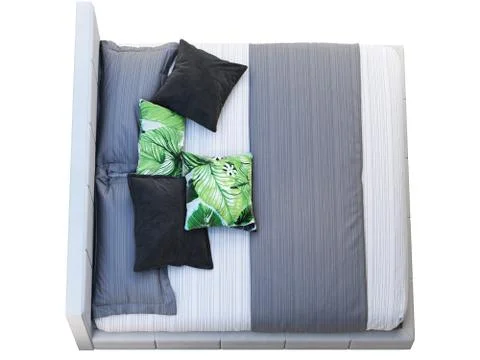 Modern gray leather frame double platform bed with bed linen and accent pillo Stock Illustration