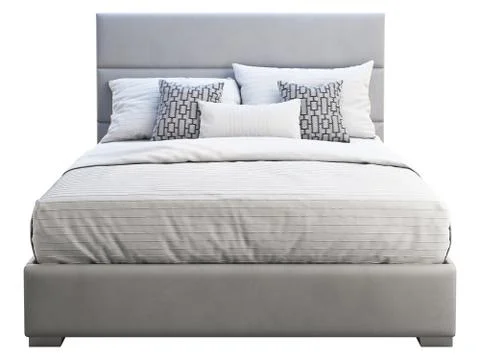 Modern gray leather frame double bed with bed linen. 3d render Stock Illustration