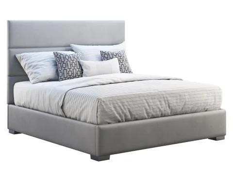 Modern gray leather frame double bed with bed linen. 3d render Stock Illustration