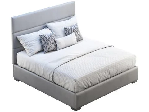 Modern gray leather frame double bed with bed linen. 3d render Stock Illustration